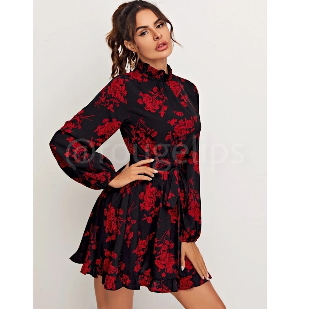 Red on Black Floral Mini Dress High Neck Long Sleeve Backless - Picture 2 of 8